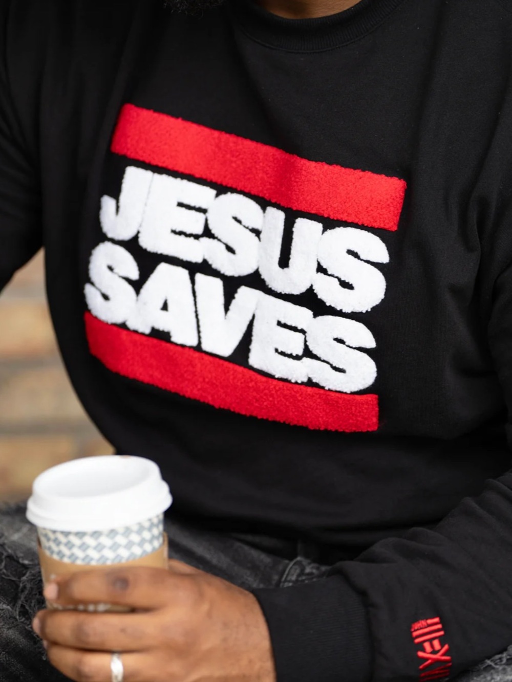 HOLY ONE Jesus Saves Black Sweatshirt with Red White Logo Faith Mens XXL - Picture 6 of 6